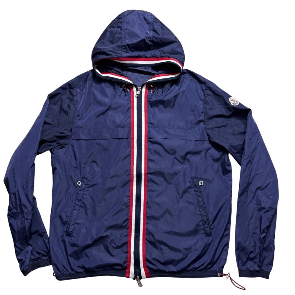 Moncler Anton Giubbotto Navy Blue Tricolor Zip Hooded Windbreaker Jacket Size 2